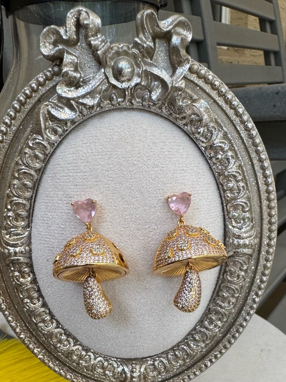 Eye Candy Los Angeles-Gold Mushroom Drop Earrings with Pink Heart Studs